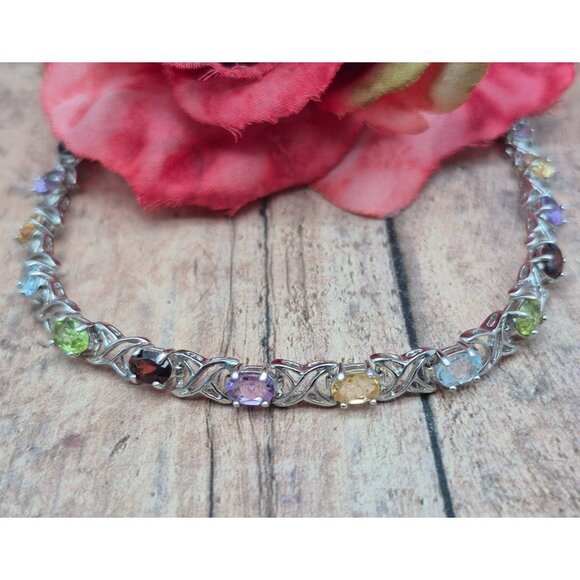 CI Jewelry Jewelry - 925 Sterling Silver Gemstone Tennis Bracelet Garnet, Amethyst, Citrine, Peridot